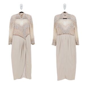 Stephen Yearick Women 14 Dress Champagne Beige Silk High Neck Beaded Pleat FLAW